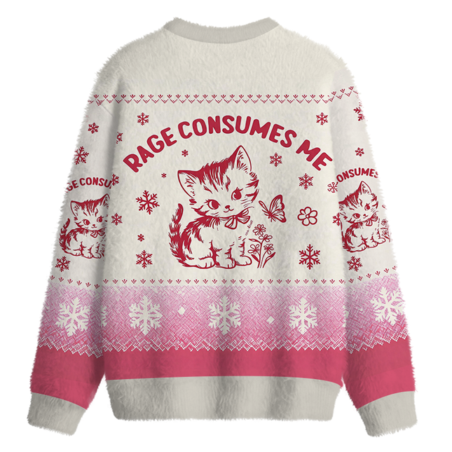 Uglysweatershops Rage Consumes Me Pink Cat Fuzzy Christmas Ugly Sweatshirt