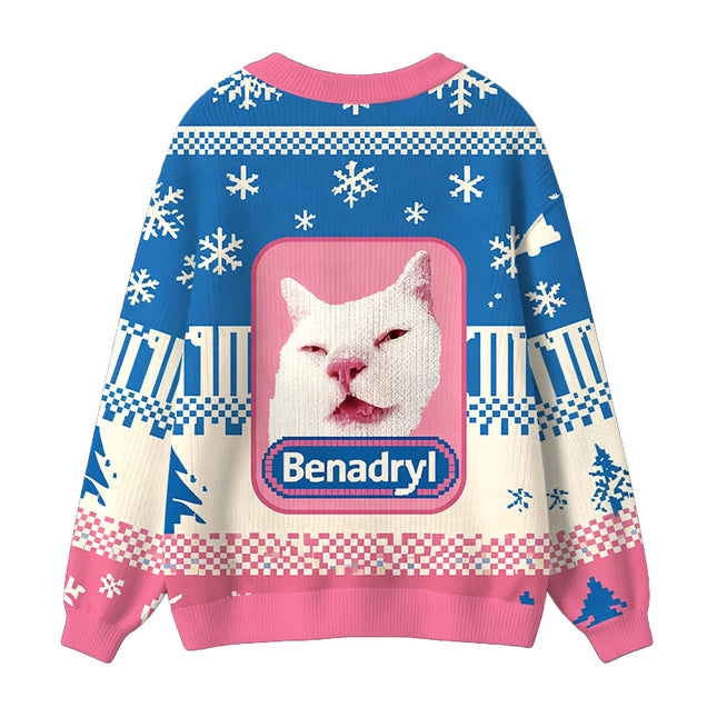 Uglysweatershops Drowsy Meme Cat Ugly Cardigan Sweater