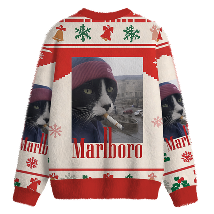 Uglysweatershops Red Smoking Cat Meme Fuzzy Christmas Ugly Sweatshirt