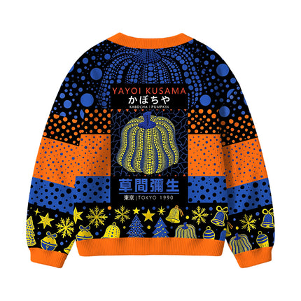 Uglysweatershops Art Navy Yellow Pumpkin Kids Ugly Cardigan Sweater