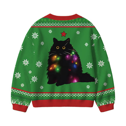 Uglysweatershops Lights Cat Green Kids Ugly Cardigan Sweater
