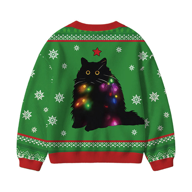 Uglysweatershops Lights Cat Green Kids Ugly Cardigan Sweater
