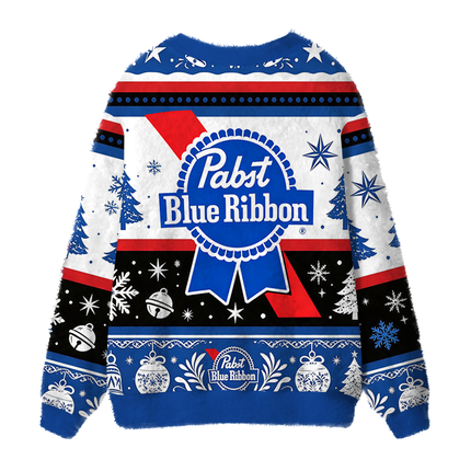 Uglysweatershops Retro Blue Ribbon Fuzzy Ugly Cardigan Sweatshirt
