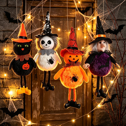 Uglysweatershops Halloween 2-Pack Pumpkin Witch Black Cat Hanging Figurine