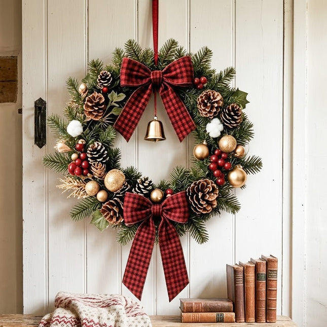 Uglysweatershops Christmas Checkered Bow Bell Wreath