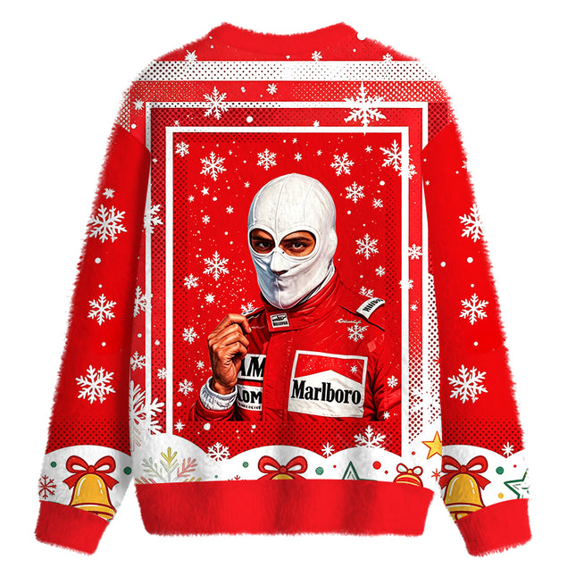 Uglysweatershops Retro Formula Racing Driver Fuzzy Christmas Ugly Sweatshirt