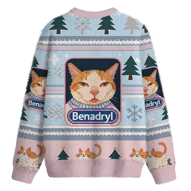 Uglysweatershops Pink Drowsy Cat Meme Funny Fuzzy Christmas Ugly Sweatshirt