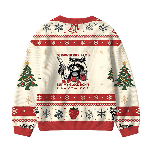 Uglysweatershops Strawberry Jams Raccoon Kids Ugly Cardigan Sweater