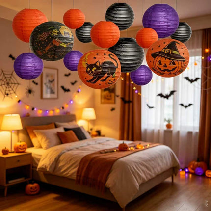 Uglysweatershops Halloween 15-Pack Cartoon Witch Pumpkin Black Cat Holiday Decoration Paper Lanterns