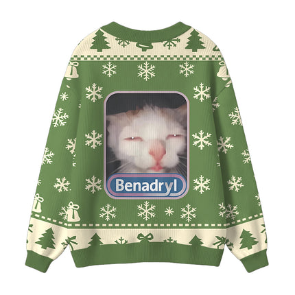 Uglysweatershops Green Psychedelic Cat Ugly Cardigan Sweater