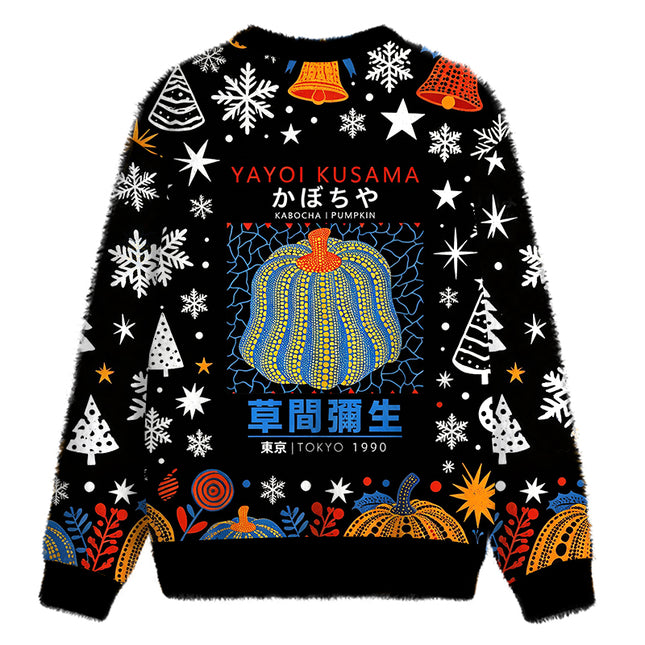 Uglysweatershops Blue Yellow Pumpkin Fuzzy Christmas Ugly Sweatshirt
