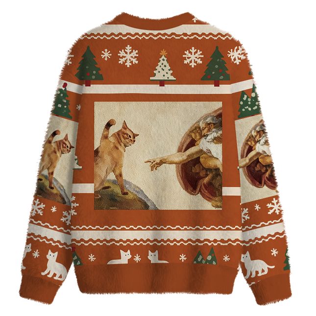 Uglysweatershops Cat God Creation Of Adam Meme Fuzzy Christmas Ugly Sweatshirt