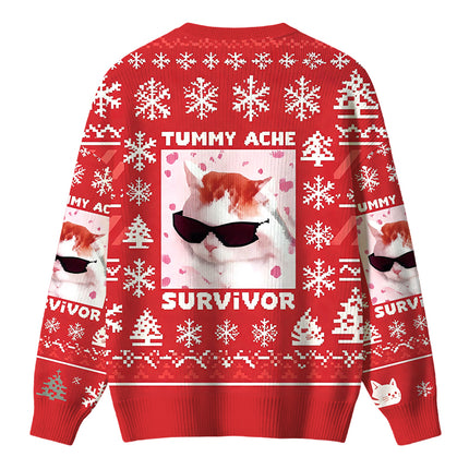 Uglysweatershops Tummy Ache Survivor Funny Cat Meme Christmas Ugly Sweater
