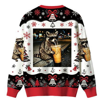 Uglysweatershops Racoon with a Ice Coffee Christmas Ugly Sweater