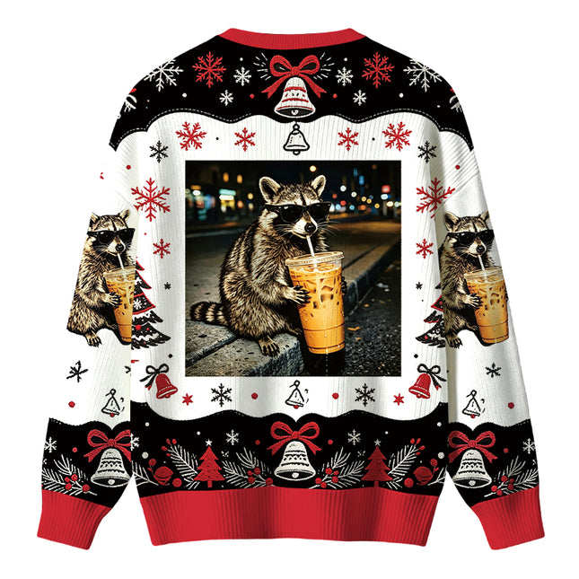 Uglysweatershops Racoon with a Ice Coffee Christmas Ugly Sweater