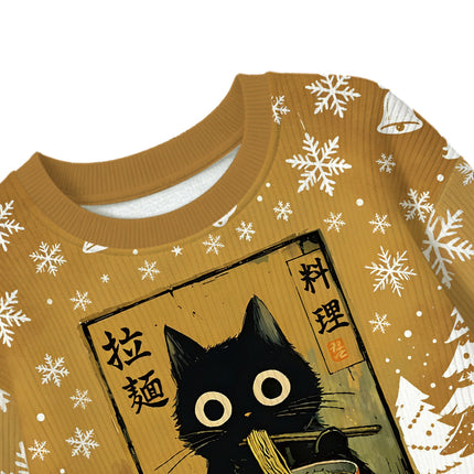 Uglysweatershops Cute Black Cat Eating Ramen Kids Ugly Sweater