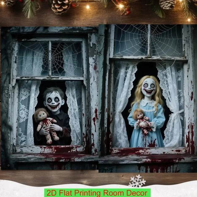 Uglysweatershops Halloween 2-Piece Horror Ghost Window Decoration Door Curtain