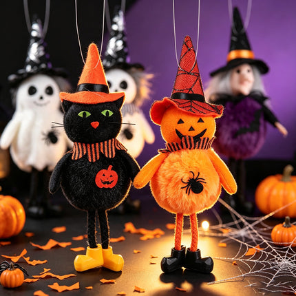 Uglysweatershops Halloween 2-Pack Pumpkin Witch Black Cat Hanging Figurine