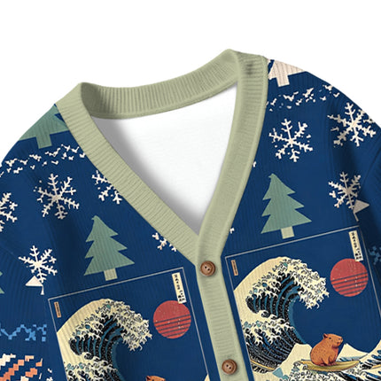 Uglysweatershops Capybara Surfing Kids Ugly Cardigan Sweater
