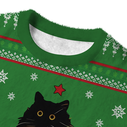 Uglysweatershops Lights Cat Green Fuzzy Christmas Ugly Sweatshirt