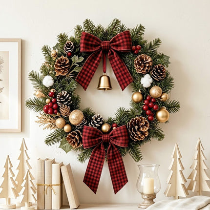 Uglysweatershops Christmas Checkered Bow Bell Wreath