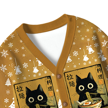 Uglysweatershops Cute Black Cat Eating Ramen Kids Ugly Cardigan Sweater