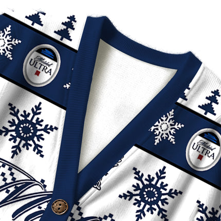 Uglysweatershops Blue White Snowflake Deer Ugly Cardigan Sweater