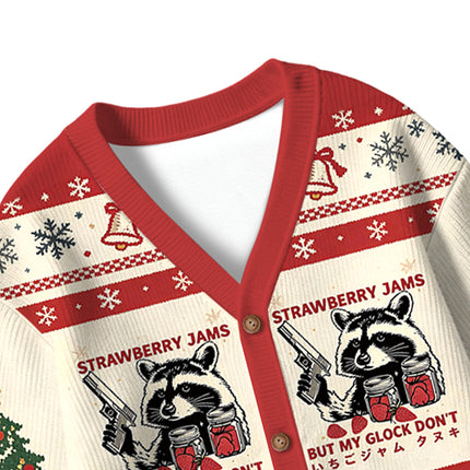 Uglysweatershops Strawberry Jams Raccoon Kids Ugly Cardigan Sweater