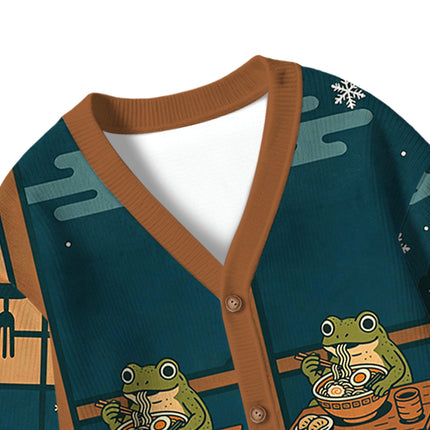 Uglysweatershops Japanese Frog Eating Ramen Kids Ugly Cardigan Sweater