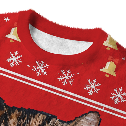 Uglysweatershops Red Funny Smoking Cat Meme Fuzzy Christmas Ugly Sweatshirt