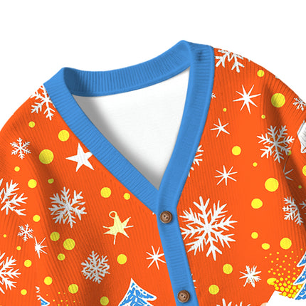 Uglysweatershops Blue Orange Pumpkin Kids Ugly Cardigan Sweater