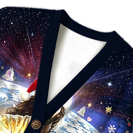 Uglysweatershops Jesus Holding a Cigarette Ugly Cardigan Sweater