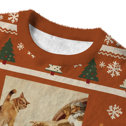 Uglysweatershops Cat God Creation Of Adam Meme Fuzzy Christmas Ugly Sweatshirt