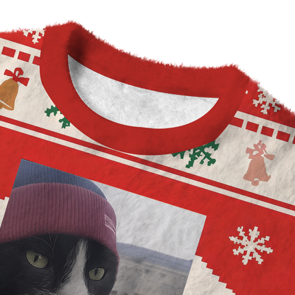 Uglysweatershops Red Smoking Cat Meme Fuzzy Christmas Ugly Sweatshirt