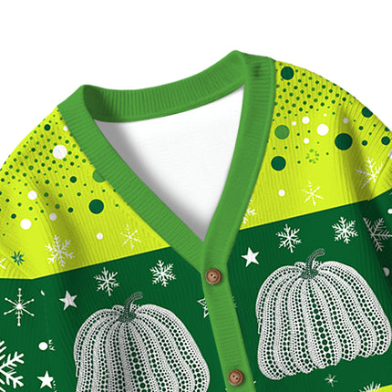 Uglysweatershops Art Green Pumpkin Vintage Kids Ugly Cardigan Sweater