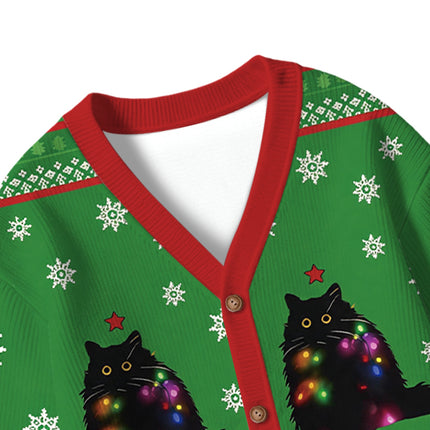 Uglysweatershops Lights Cat Green Kids Ugly Cardigan Sweater