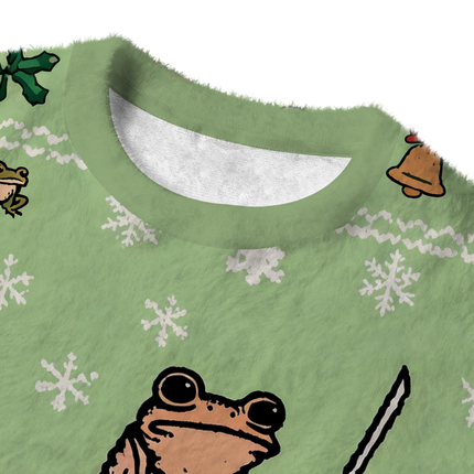 Uglysweatershops Focused Samurai Frog Fuzzy Christmas Ugly Sweatshirt