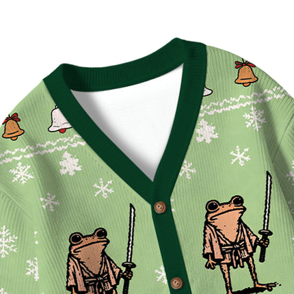 Uglysweatershops Focused Samurai Frog Kids Ugly Cardigan Sweater