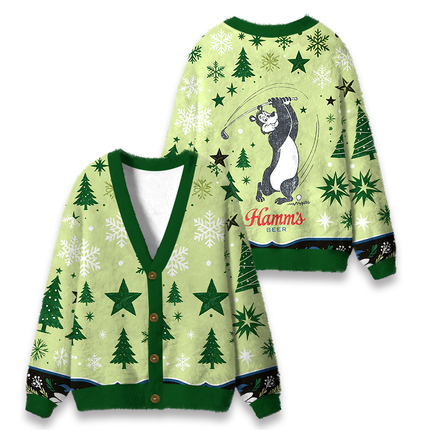Uglysweatershops Vintage Golf Bear Brew Fuzzy Ugly Cardigan Sweatshirt