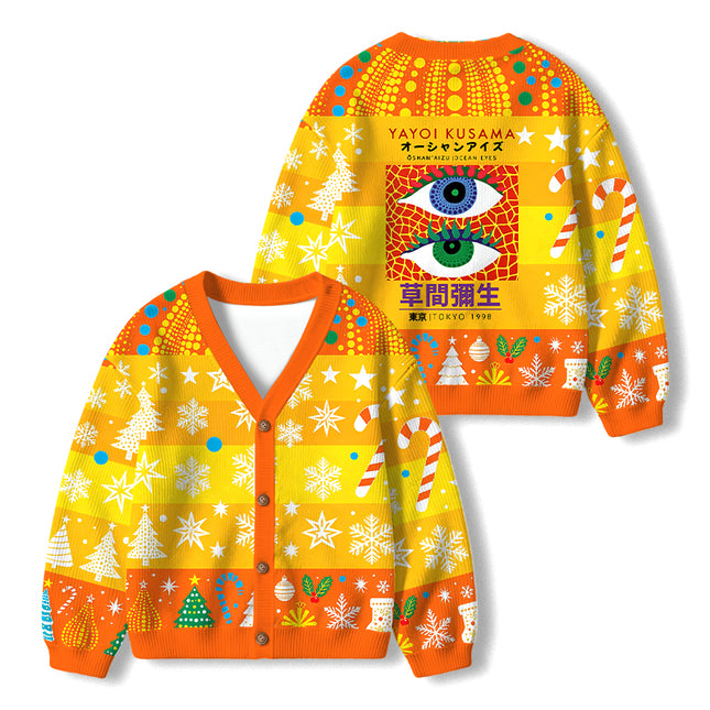 Uglysweatershops Japanese Art Eyes Kids Ugly Cardigan Sweater