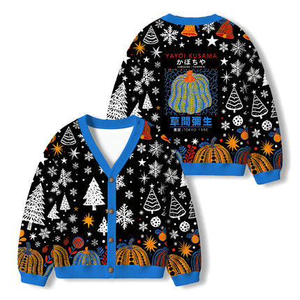 Uglysweatershops Blue Yellow Pumpkin Kids Ugly Cardigan Sweater