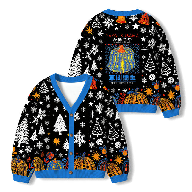 Uglysweatershops Blue Yellow Pumpkin Kids Ugly Cardigan Sweater