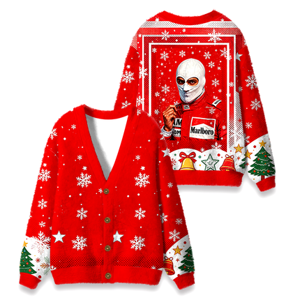 Uglysweatershops Retro Formula Racing Driver Fuzzy Ugly Cardigan Sweatshirt