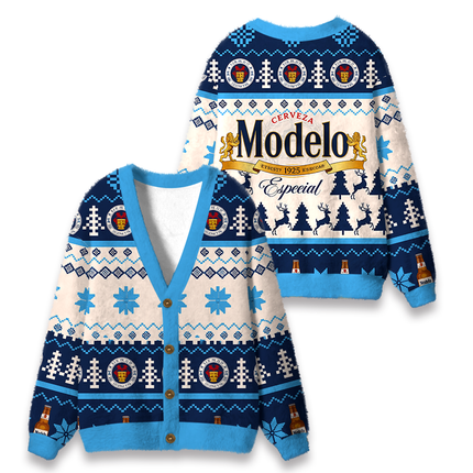 Uglysweatershops Retro Cerveza Winter Scene Fuzzy Ugly Cardigan Sweatshirt