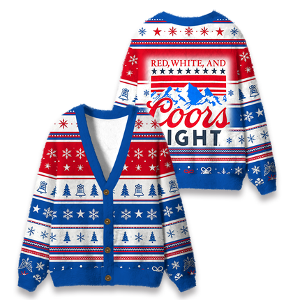 Uglysweatershops Red White Mountain Fuzzy Ugly Cardigan Sweatshirt
