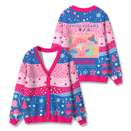 Uglysweatershops Art Pink Mushroom Vintage Ugly Cardigan Sweater