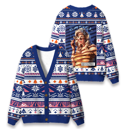 Uglysweatershops Vintage Women Smoking Fuzzy Ugly Cardigan Sweatshirt