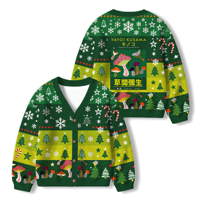 Uglysweatershops Art Spotted Mushroom Vintage Kids Ugly Cardigan Sweater