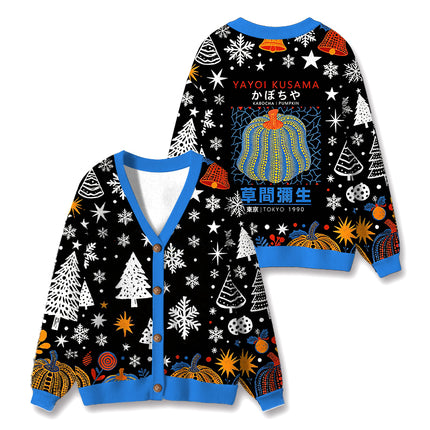 Uglysweatershops Blue Yellow Pumpkin Ugly Cardigan Sweater