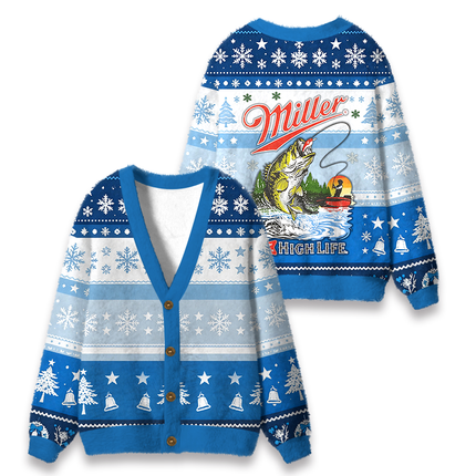 Uglysweatershops High Life Bass Fishing Fuzzy Ugly Cardigan Sweatshirt